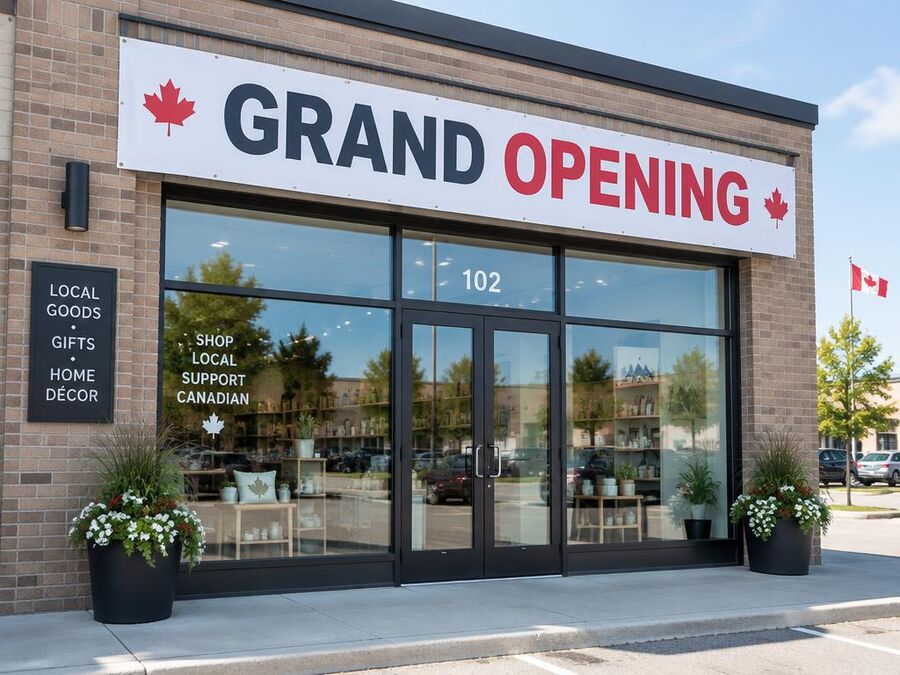 Vinyl banner reading Grand Opening above a storefront entrance