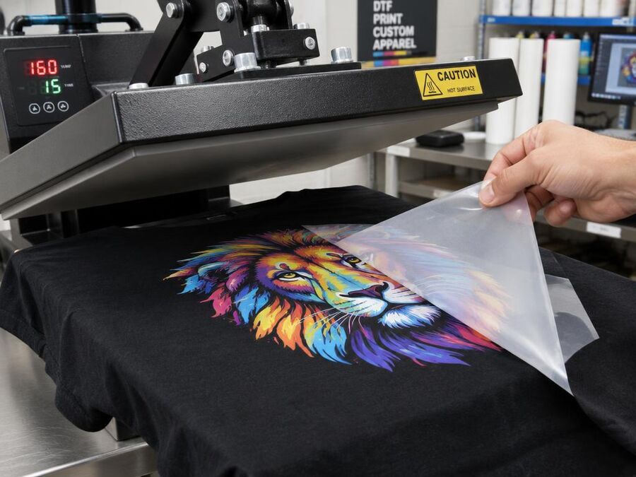 DTF transfer film being peeled off a black t-shirt on a heat press