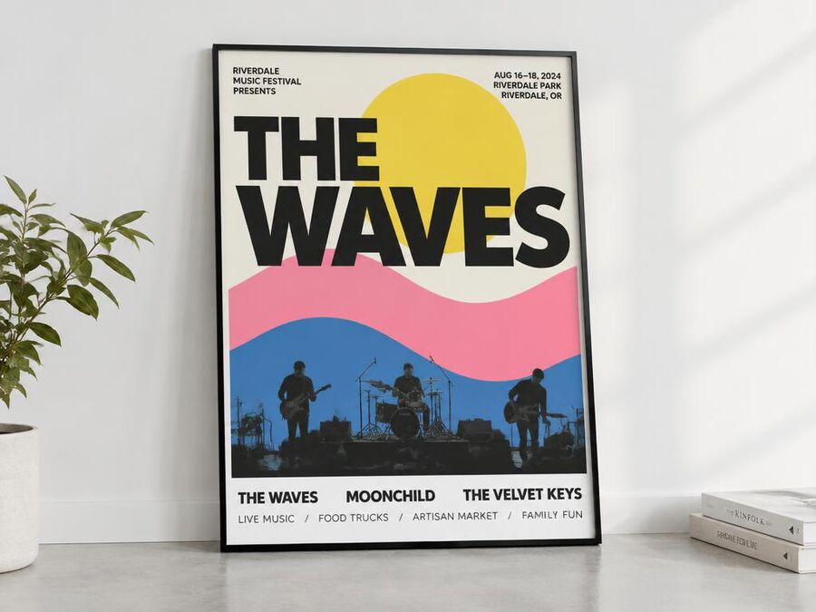 Framed event poster leaning against a white wall