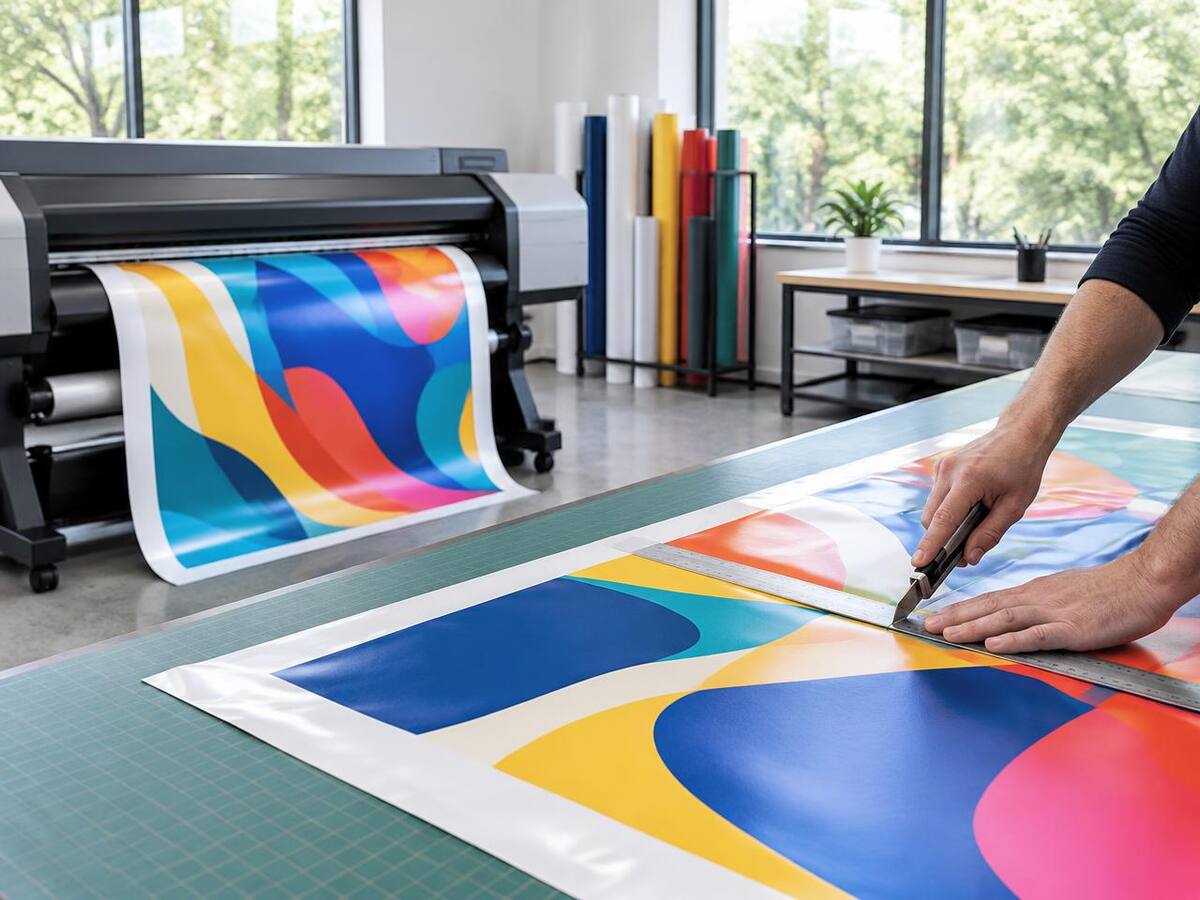 Wide-format printer and cutting table in a print shop