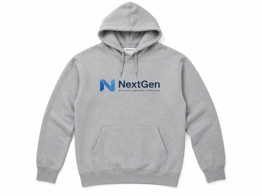 Grey pullover hoodie with a printed chest logo
