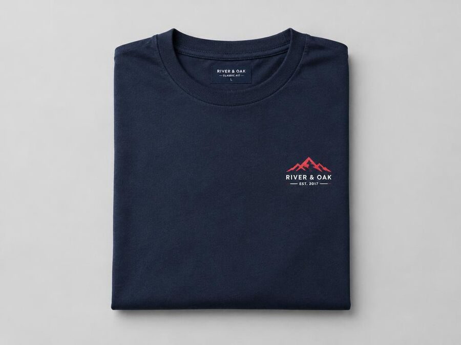 Folded navy t-shirt with a small chest logo