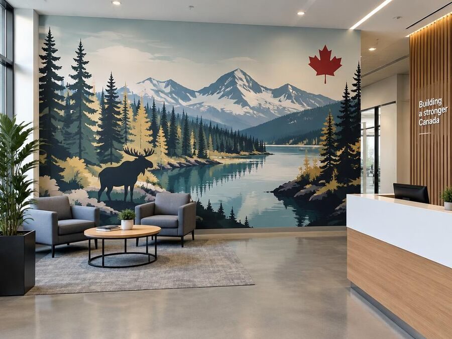 Printed forest landscape wall mural in an office lobby