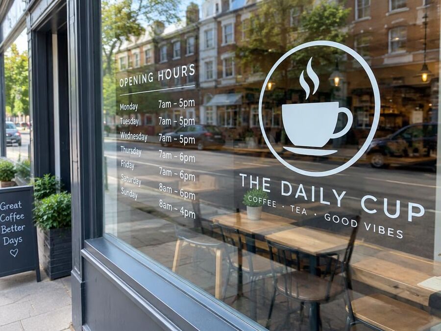Cafe window with vinyl opening hours and logo graphics