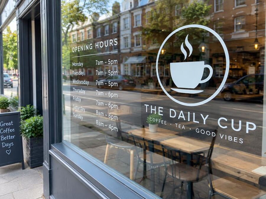 Cafe window with vinyl opening hours and logo graphics